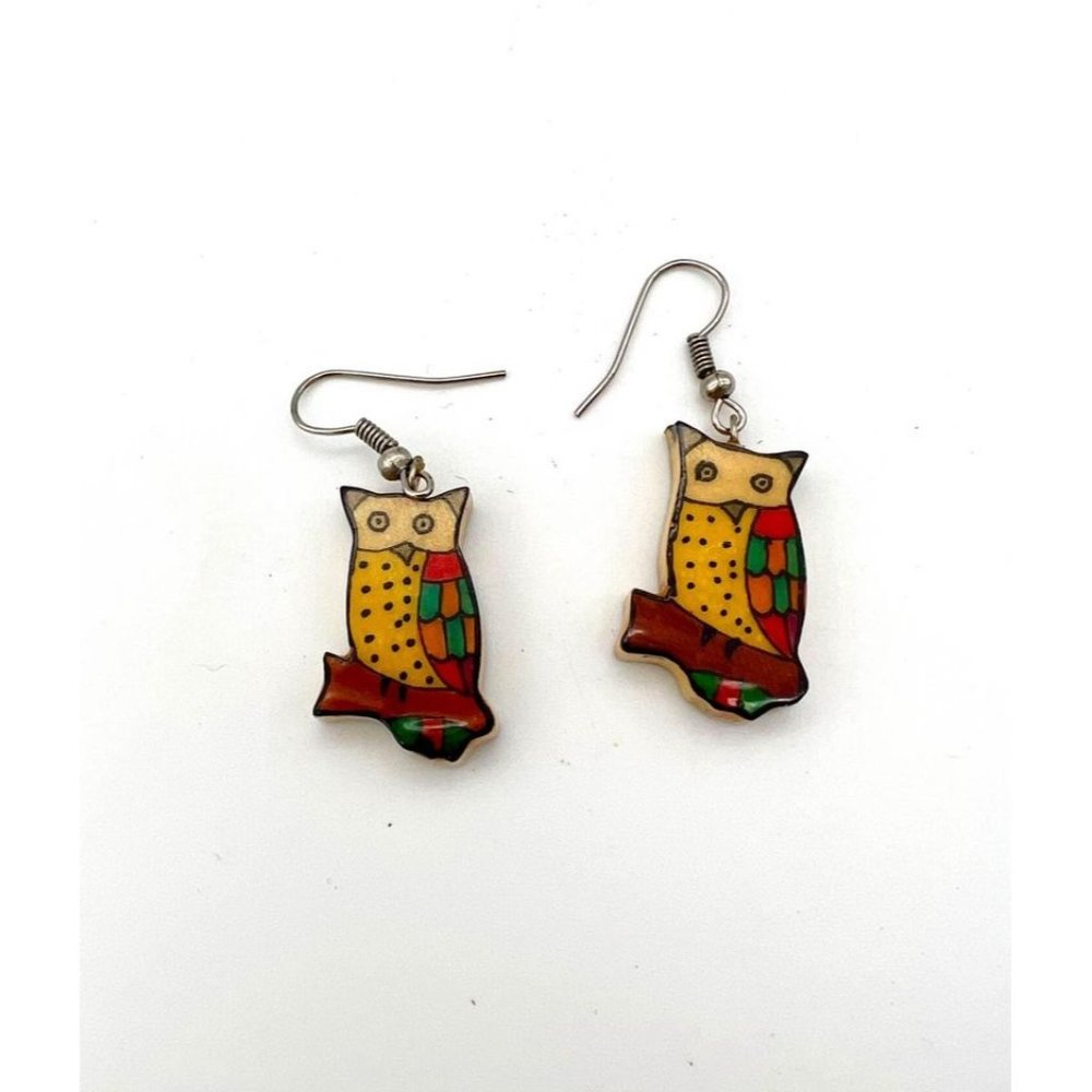 Wooden Colorful Owl Earrings Lightweight Whimsical - Picture 2 of 4